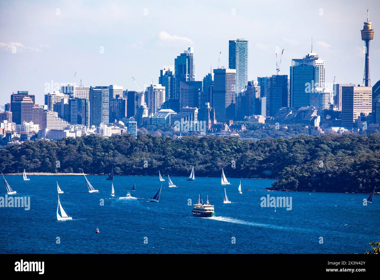 Lo skyline e il paesaggio urbano del centro di Sydney sono visti da North Head Manly, attraverso il porto di Sydney e Sydney Head, NSW, Australia Foto Stock