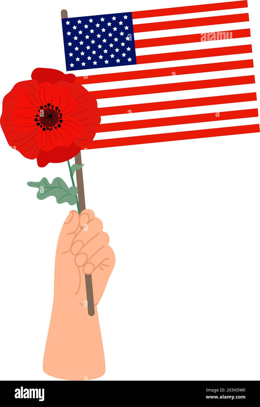 Mano con bandiera americana e fiore di papavero rosso. Illustrazione vettoriale in stile piatto Illustrazione Vettoriale