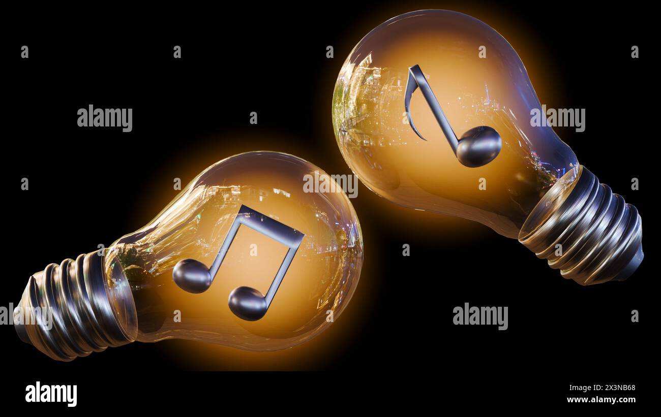 Rendering 3D di note musicali all'interno della lampadina Foto Stock