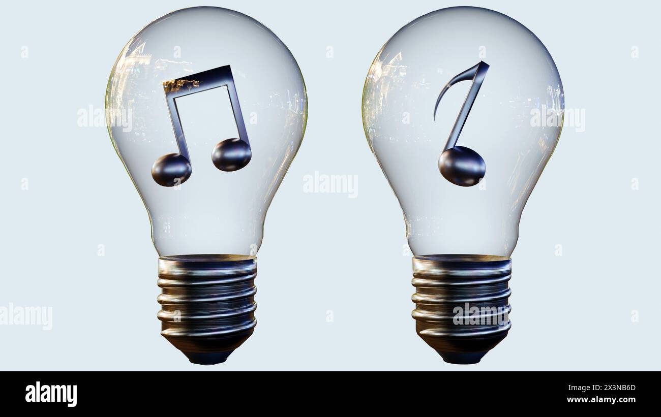 Rendering 3D di note musicali all'interno della lampadina Foto Stock