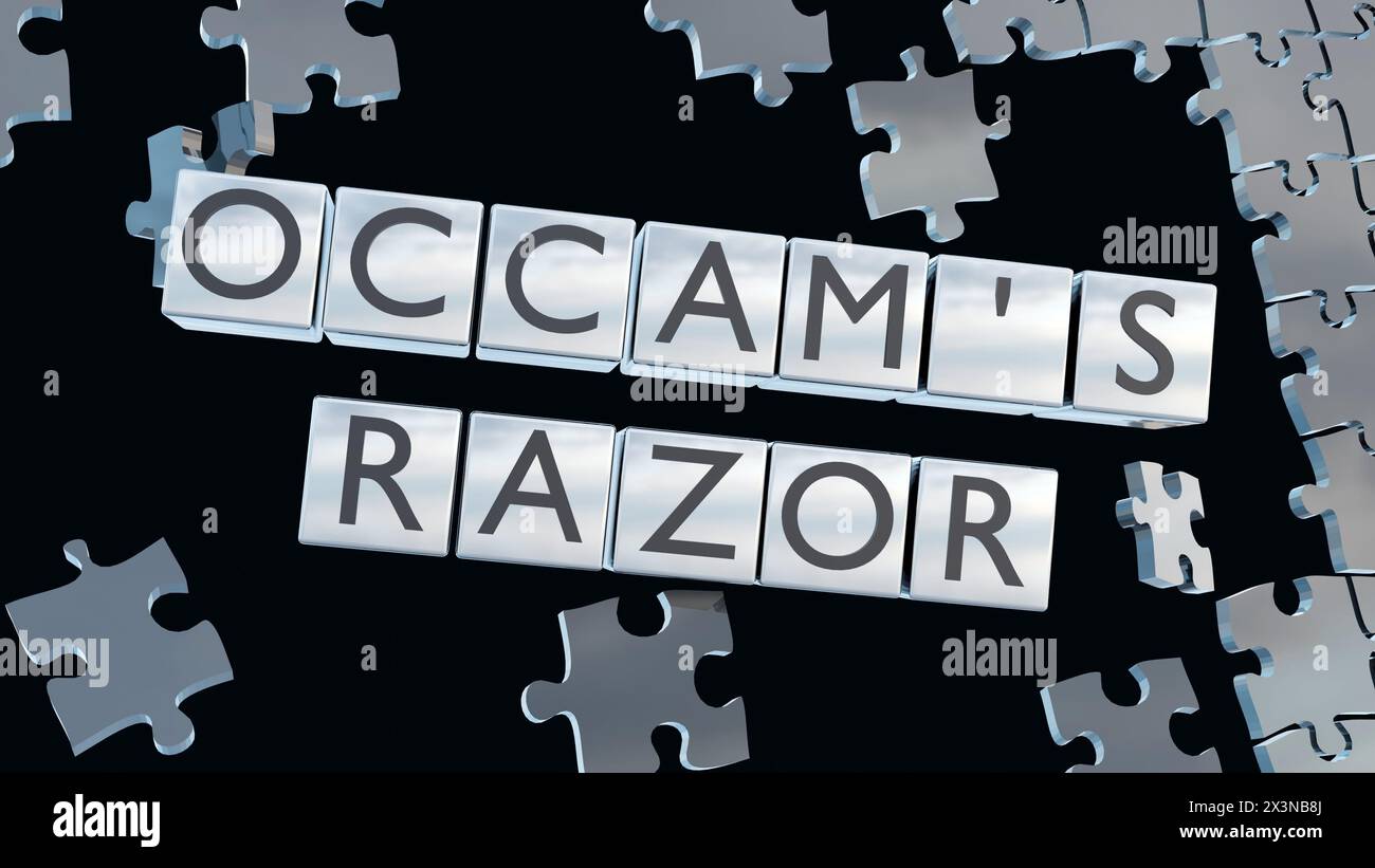Rendering 3D del puzzle del rasoio e del puzzle di Occam. è usato come euristica, o "regola generale" per guidare gli scienziati nello sviluppo di un modello teorico Foto Stock Rendering 3D del puzzle del rasoio e del puzzle di Occam. è usato come euristica, o "regola generale" per guidare gli scienziati nello sviluppo di un modello teorico Foto Stock