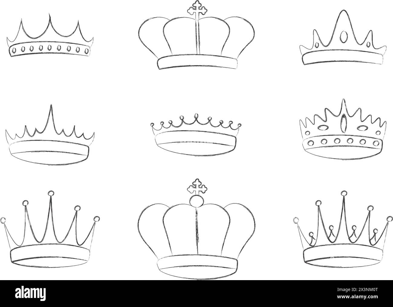 Set di gesso elegante corona reale. Simboli reali imperiali dell'incoronazione. Icone isolate nello stile di pittura della texture del tratto di pennello. Illustrazione vettoriale Illustrazione Vettoriale