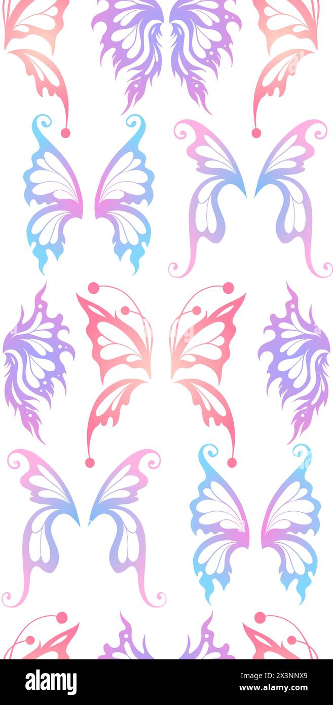 Morbido motivo magico Vector senza cuciture con silhouette sfumate di ali di fata in colori pastello su sfondo bianco. Texture neon con ali a farfalla Illustrazione Vettoriale