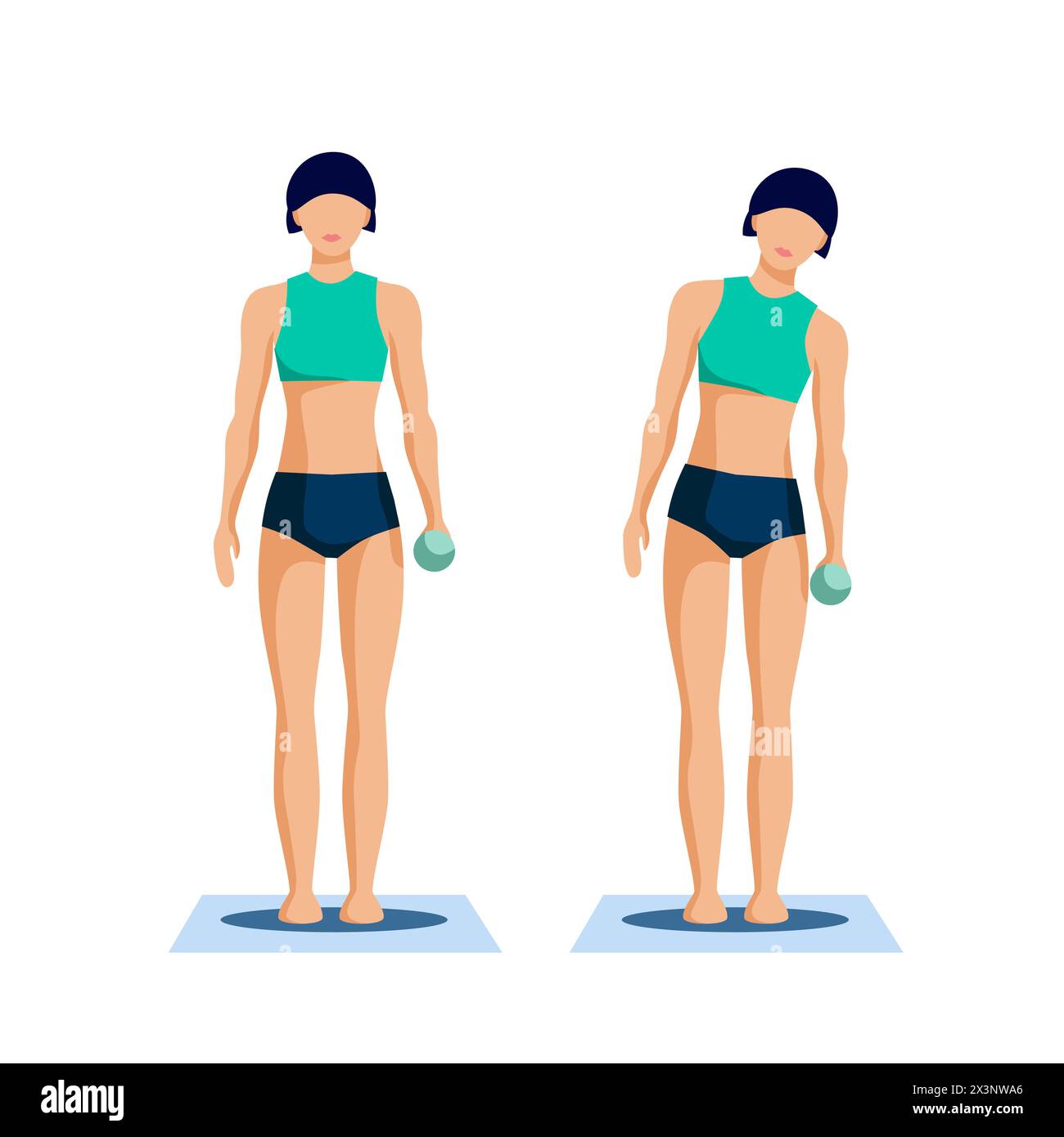 Una ragazza esegue un esercizio per rafforzare i muscoli della parte inferiore della schiena. Una donna si piega con i manubri. Allenamento per la schiena piatta. Programma educativo di formazione. Illustrazione vettoriale. Illustrazione Vettoriale