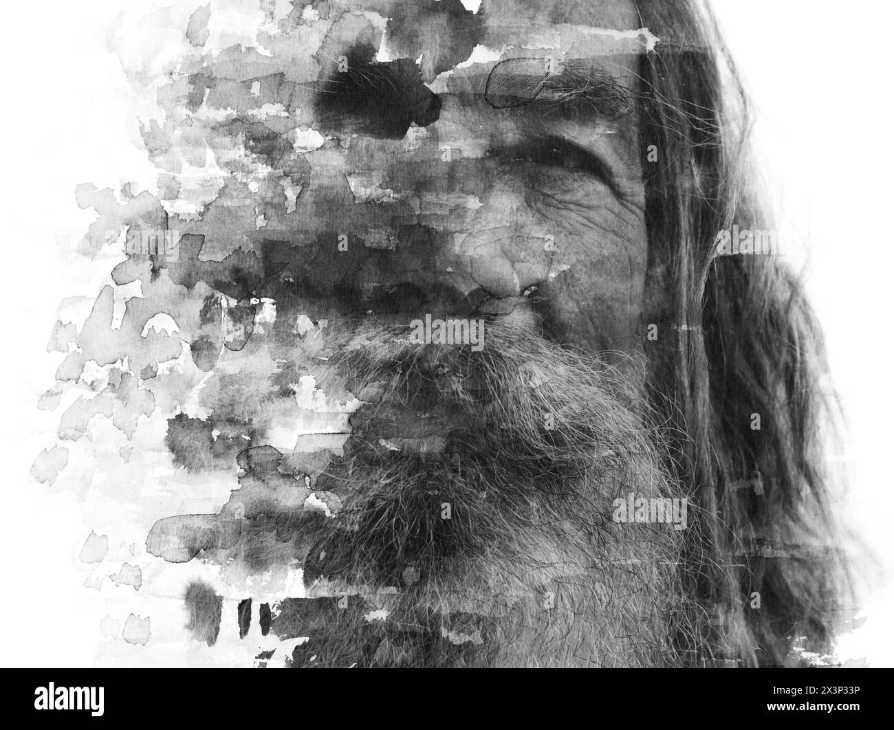 Un ritratto astratto in bianco e nero di un vecchio barbuto Foto Stock