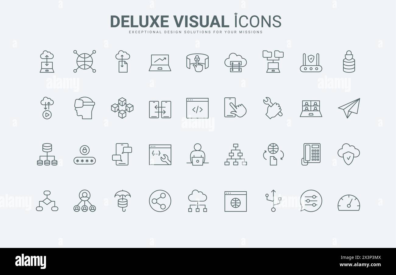 Modello e algoritmo del diagramma di flusso, finestra del browser e impostazioni dell'app mobile, test del cloud con simboli di contorno neri e rossi sottili, illustrazione vettoriale. Set di icone della linea architettura e del sistema dati di rete. Illustrazione Vettoriale