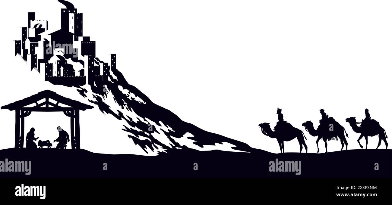 Presepe natalizio Bethlehem Manger Wise Men Illustrazione Vettoriale