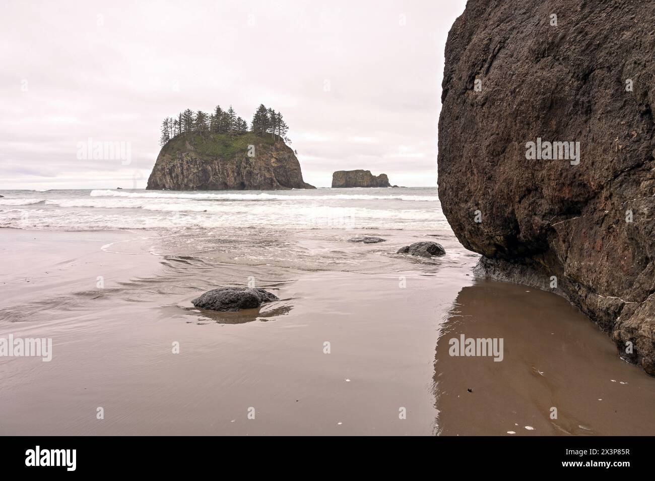 Grandi massi e isole rocciose a Second Beach, Olympic National Park, Washington Foto Stock