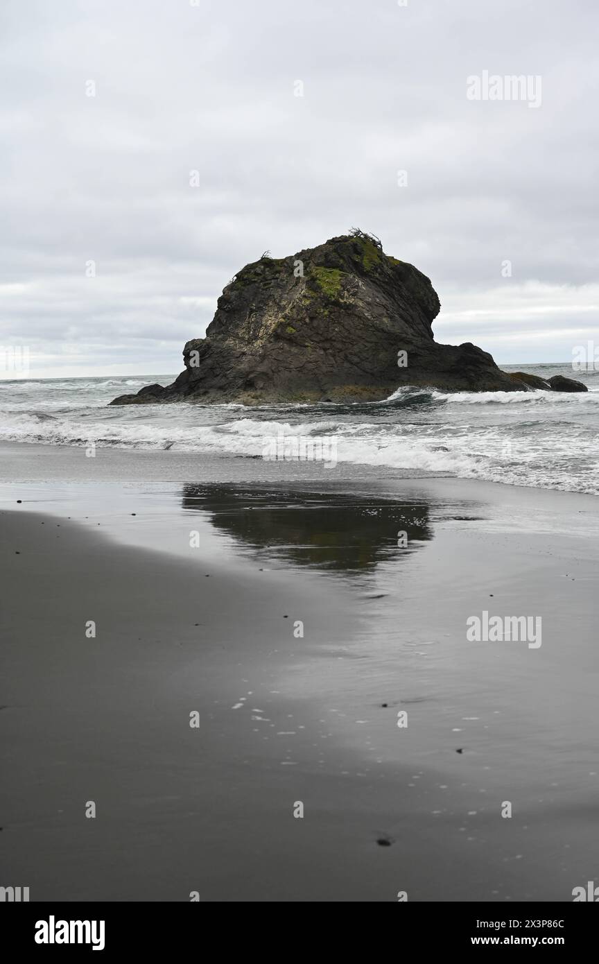 La roccia della pila di mare con riflessi sulla seconda spiaggia, nel Parco Nazionale Olimpico Foto Stock