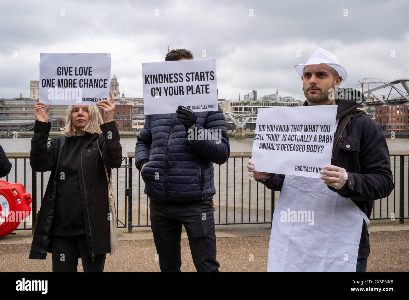 Londra, Regno Unito. 27 aprile 2024. I dimostranti vegani tengono dei cartelli durante il rally il gruppo vegano Radically Kind ha tenuto una dimostrazione alla Tate Modern sulla sponda sud del Tamigi. Mostrando immagini grafiche sperano di convertire i mangiatori di carne in veganismo. (Foto di James Willoughby/SOPA Images/Sipa USA) credito: SIPA USA/Alamy Live News Foto Stock