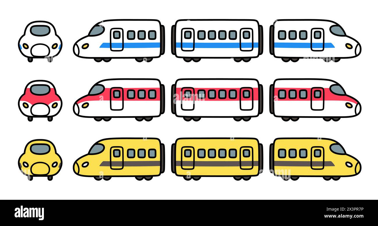 Set di disegni dei cartoni animati del treno proiettile ad alta velocità. Simpatico e semplice scarabocchio disegnato a mano, illustrazione vettoriale. Illustrazione Vettoriale