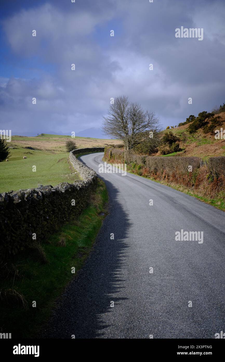Strada vuota negli altopiani di Snowdonia, Galles Foto Stock