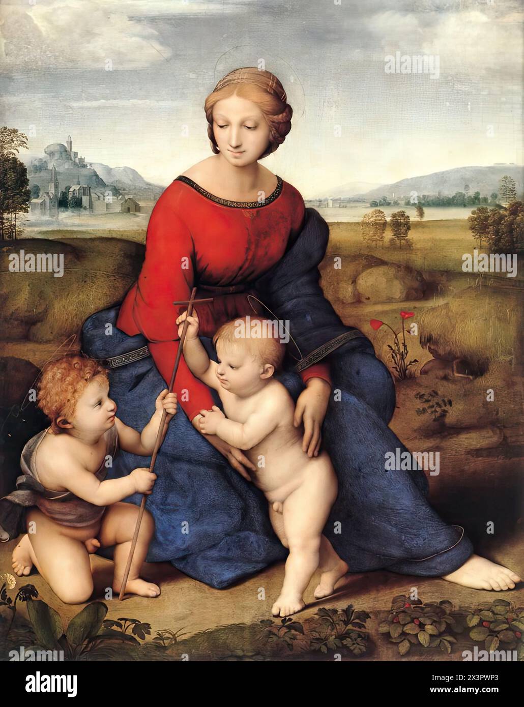 RAFFAELLO Sanzio (B. 1483, Urbino, d. 1520, Roma) Madonna del Belvedere (Madonna del Prato) 1506 olio su legno, Museo Kunsthistorisches 113 x 88 cm, Vienna la Madonna del Prato è la prima di una serie di composizioni a figura intera che ritraggono l'incontro apocrifo tra Gesù bambino e il ragazzo Battista. Il ragazzo Battista dovrebbe aver riconosciuto e adorato Cristo come Redentore anche nella loro infanzia. Raffaello lo chiarisce lasciando che Cristo prenda la croce da Giovanni. L'influenza di Michelangelo su Raffaello è evidente in questa composizione. La struttura piramidale di Foto Stock