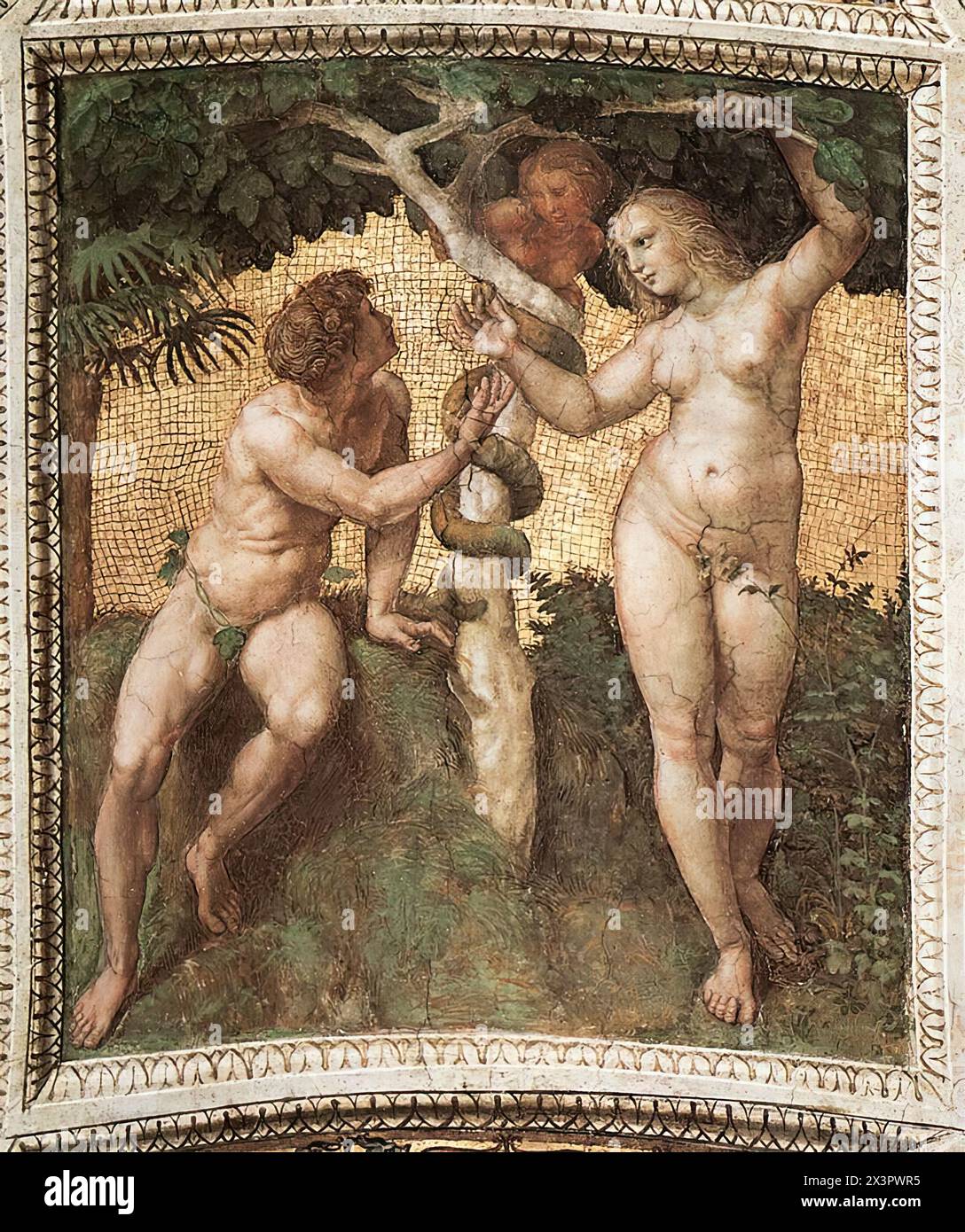 RAFFAELLO Sanzio (B. 1483, Urbino, d. 1520, Roma) Adamo ed Eva (pannello a soffitto) 1509-11 affresco, 120 x 105 cm stanza della Segnatura, Palazzi Pontifici, Vaticano questa rappresentazione della caduta è generalmente attribuita a Raffaello. In una posa contrapposto distinta, Eve ricorda la figura di Leda in uno studio di Leonardo da Vinci - Raffaello ne fece un disegno mentre era a Firenze. --- parole chiave: --------------- Autore: RAFFAELLO Sanzio titolo: Adamo ed Eva (pannello a soffitto) linea temporale: 1501-1550 Scuola: Italiano forma: Pittura tipo: Religioso Foto Stock