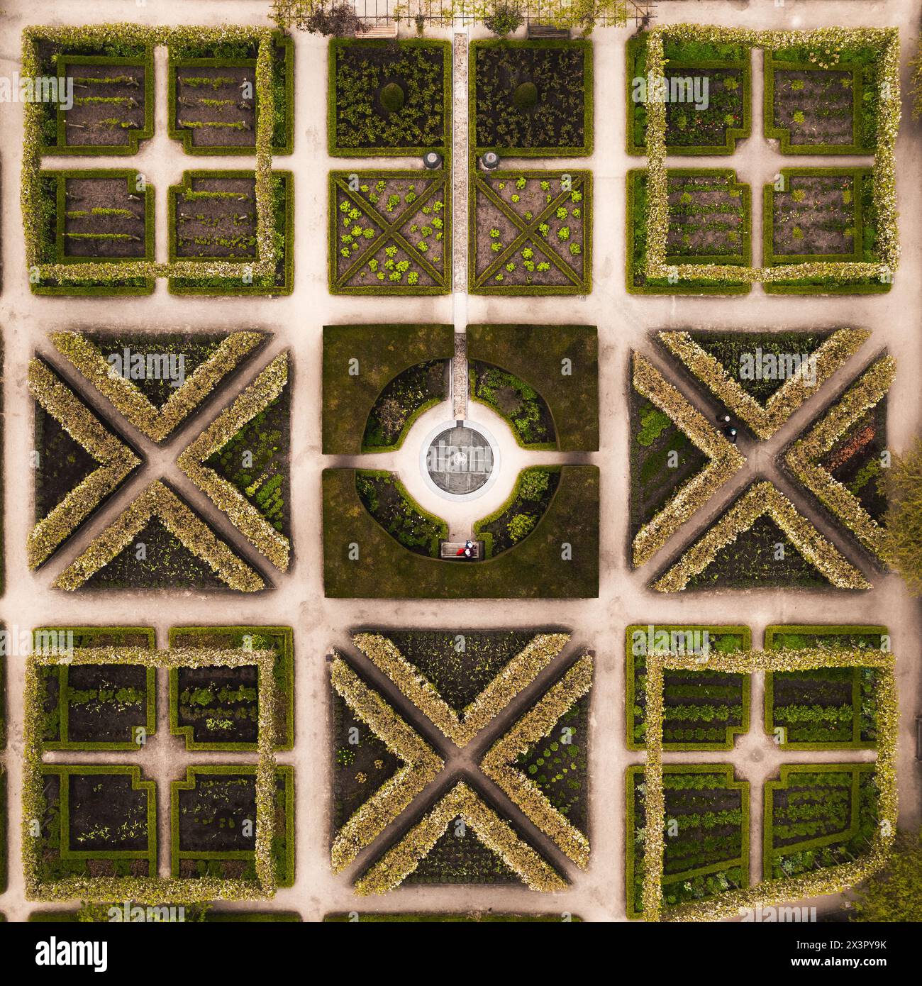 Vista dall'alto direttamente sopra file di aiuole di fiori paesaggistiche in un giardino formale all'inglese con giochi d'acqua Foto Stock
