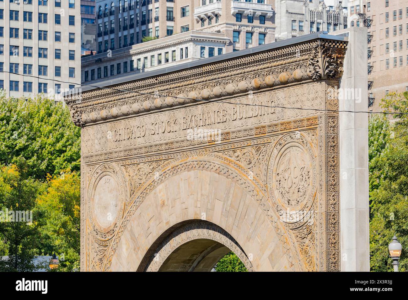 Primo piano della rovina del Chicago Stock Exchange Building a Chicago Foto Stock