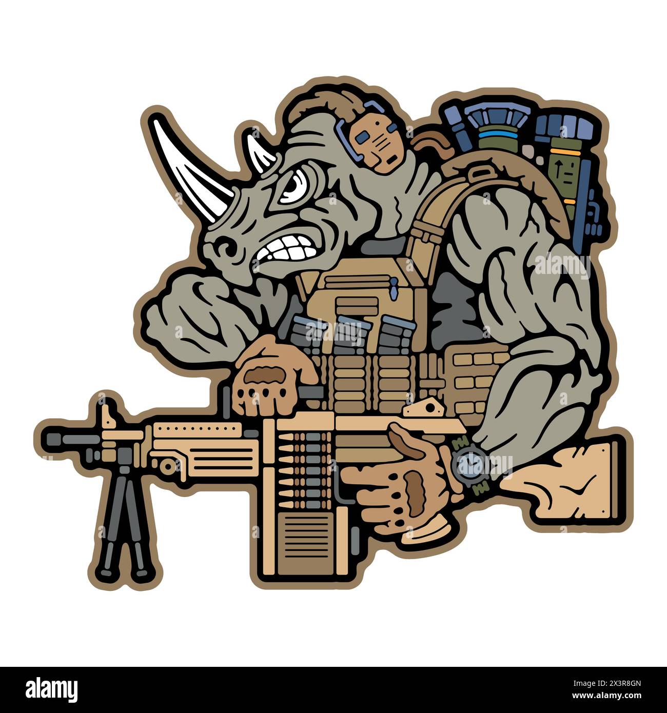 Campo militare. Distintivi dell'esercito sui vestiti. Rhino militare. Rinoceronte che tiene un'arma. Francobollo dell'esercito. Emblema militare. Immagine vettore stock Illustrazione Vettoriale