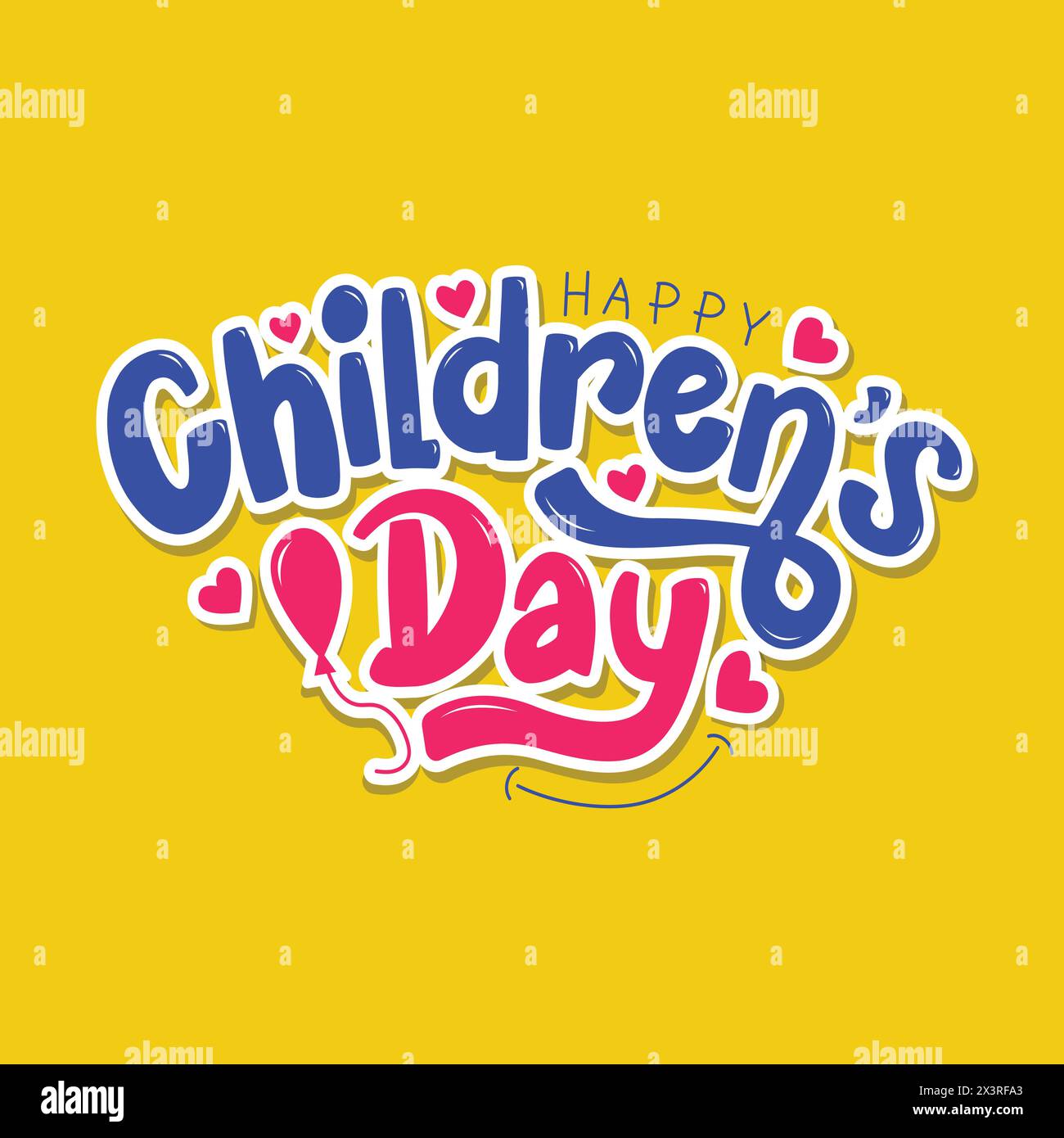 Happy Children's Day splendido design con cuori e palloncini grafica vettoriale su sfondo giallo. Logo effetto testo giorno bambini. Testo del titolo Illustrazione Vettoriale