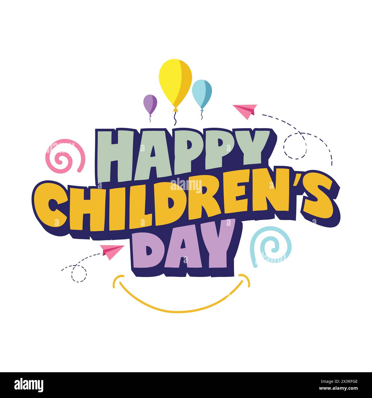 Logo Happy Children's Day con scritte audaci per bambini, palloncini, elementi per bambini aeroplani su sfondo bianco. Effetto testo colorato giorno bambini. Titolo Illustrazione Vettoriale