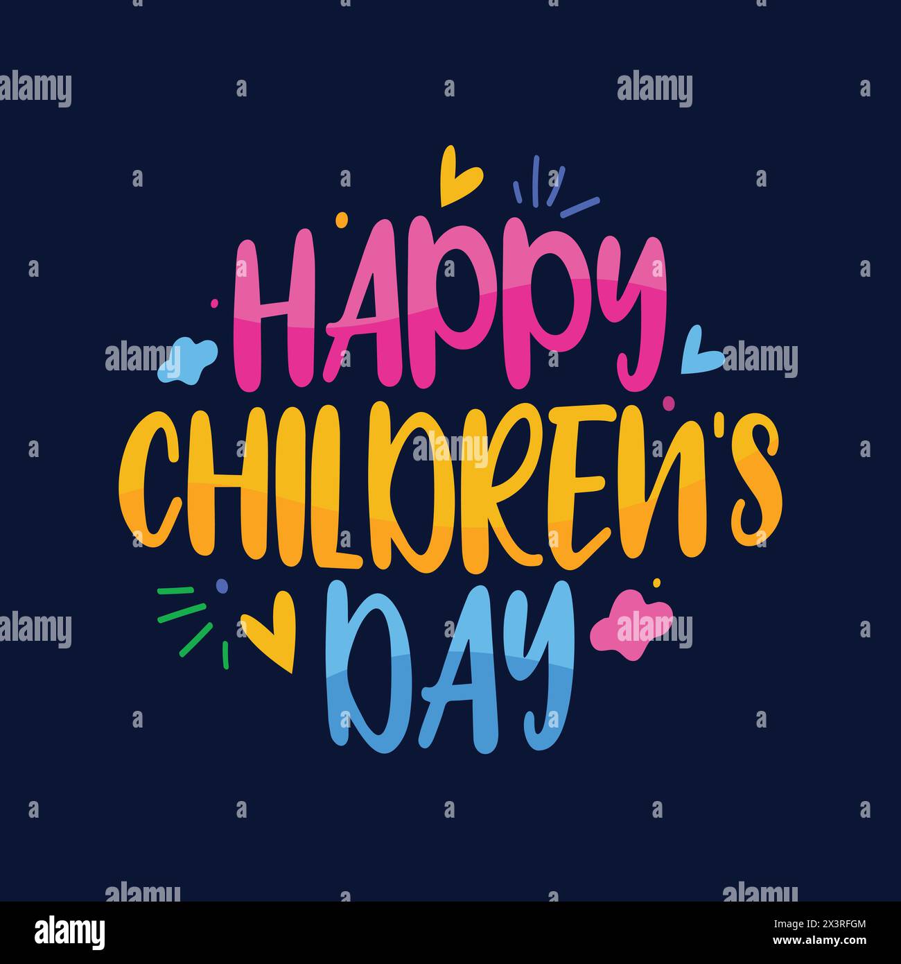 Happy Children's Day scritta a mano con cuori ed elementi nuvolosi per bambini su sfondo blu. Logo di testo colorato per bambini. Tipografia dei titoli Illustrazione Vettoriale