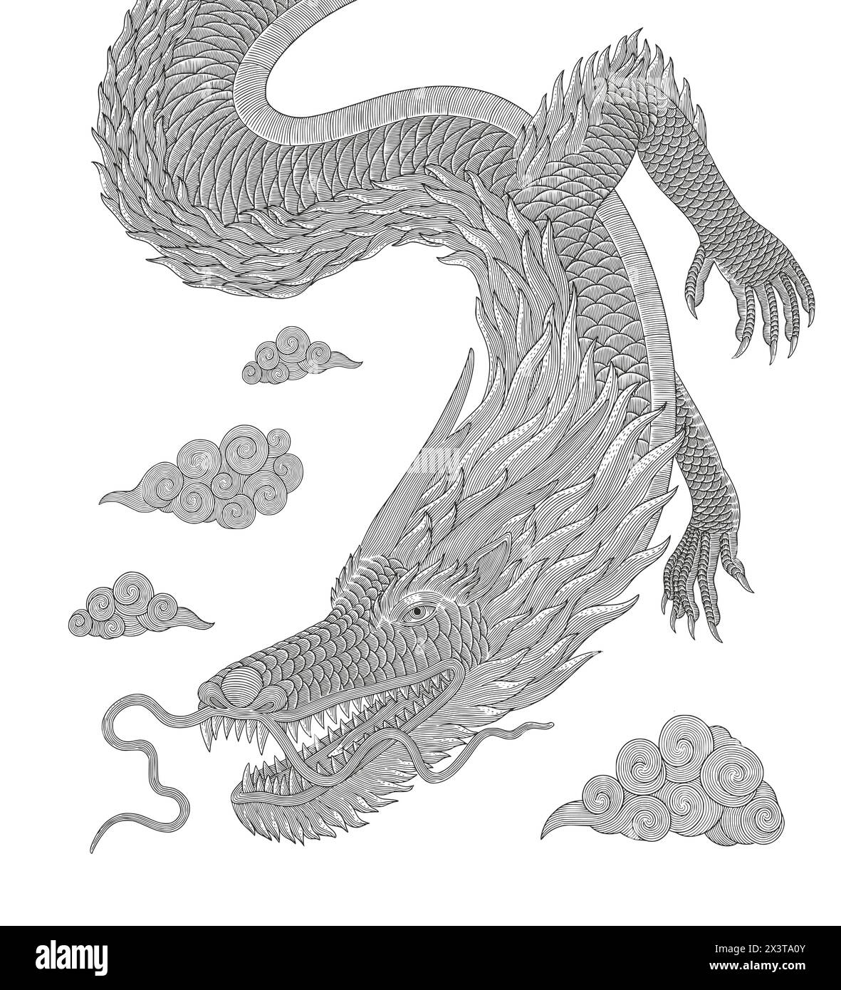 Drago giapponese con nuvola, illustrazione in stile disegno con incisione vettoriale vintage Illustrazione Vettoriale