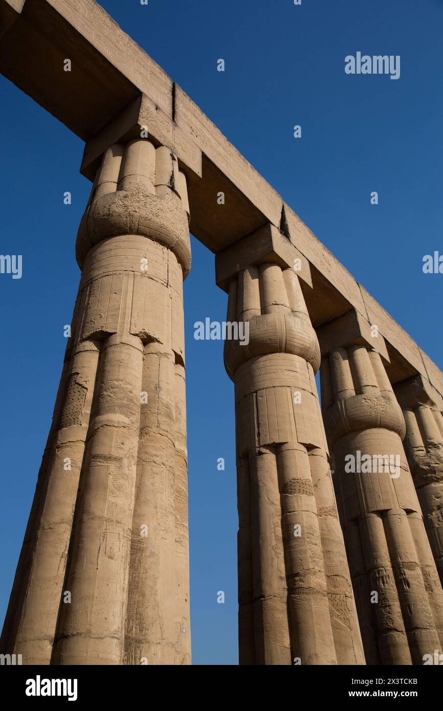 Colonne di Papiro, cortile di Amenofi III (chiamato anche Corte di Peristilio), Tempio di Luxor, sito Patrimonio dell'Umanità dell'UNESCO, Luxor, Egitto Foto Stock