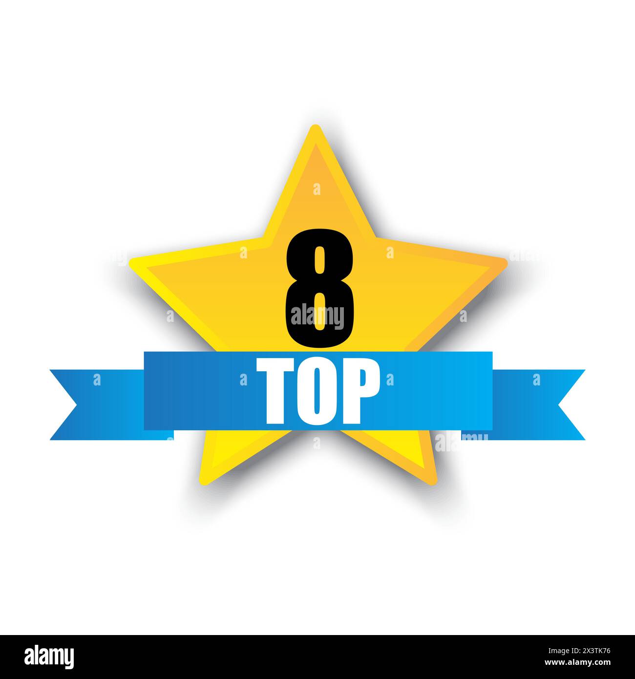 Icona del badge Top 8. Stella gialla con nastro. Simbolo di classificazione vettoriale. Illustrazione Vettoriale