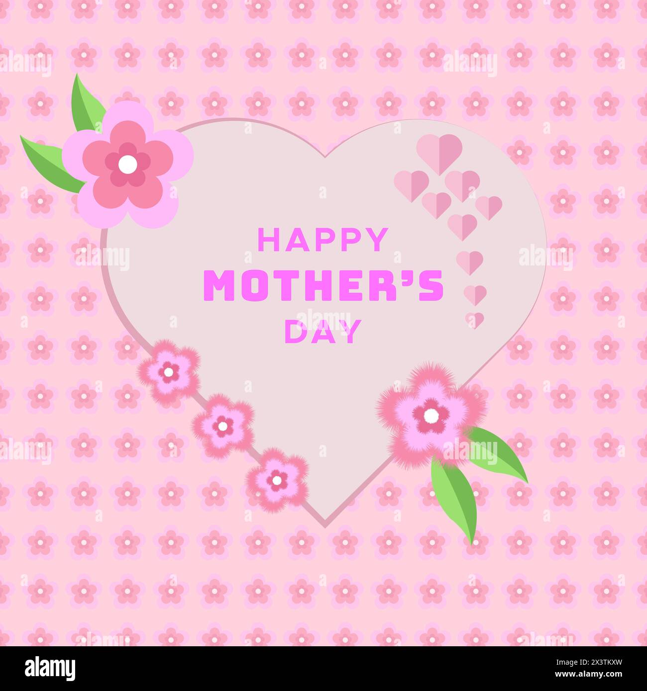 Cartolina di auguri per la festa della mamma, poster vettoriale o illustrazione con testo floreale e simbolo del simbolo del cuore per festeggiare Illustrazione Vettoriale