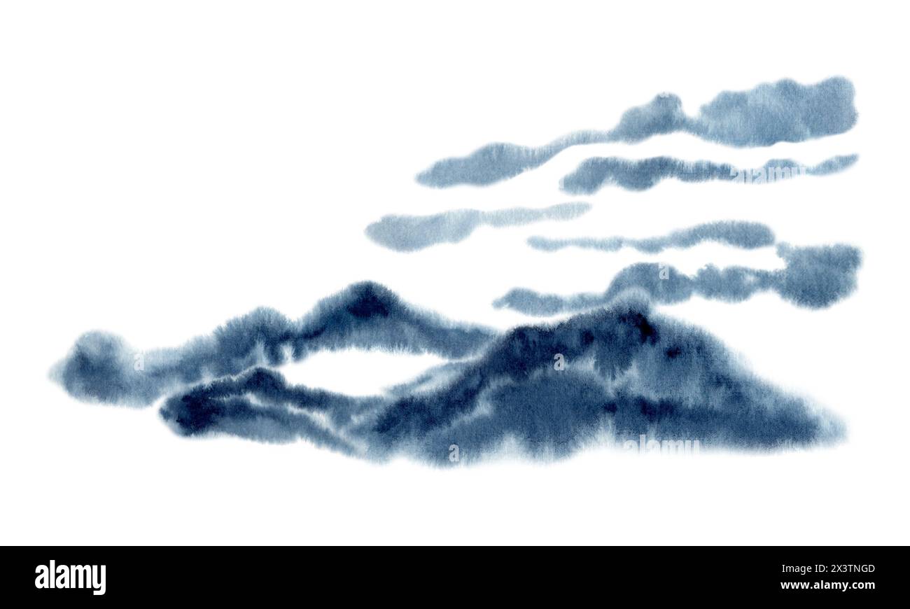 Montagne di Foggy e nuvole paesaggio minimalista. Backgrop naturale giapponese asiatico. Illustrazione ad acquerello disegnata a mano isolata su sfondo bianco. Foto Stock