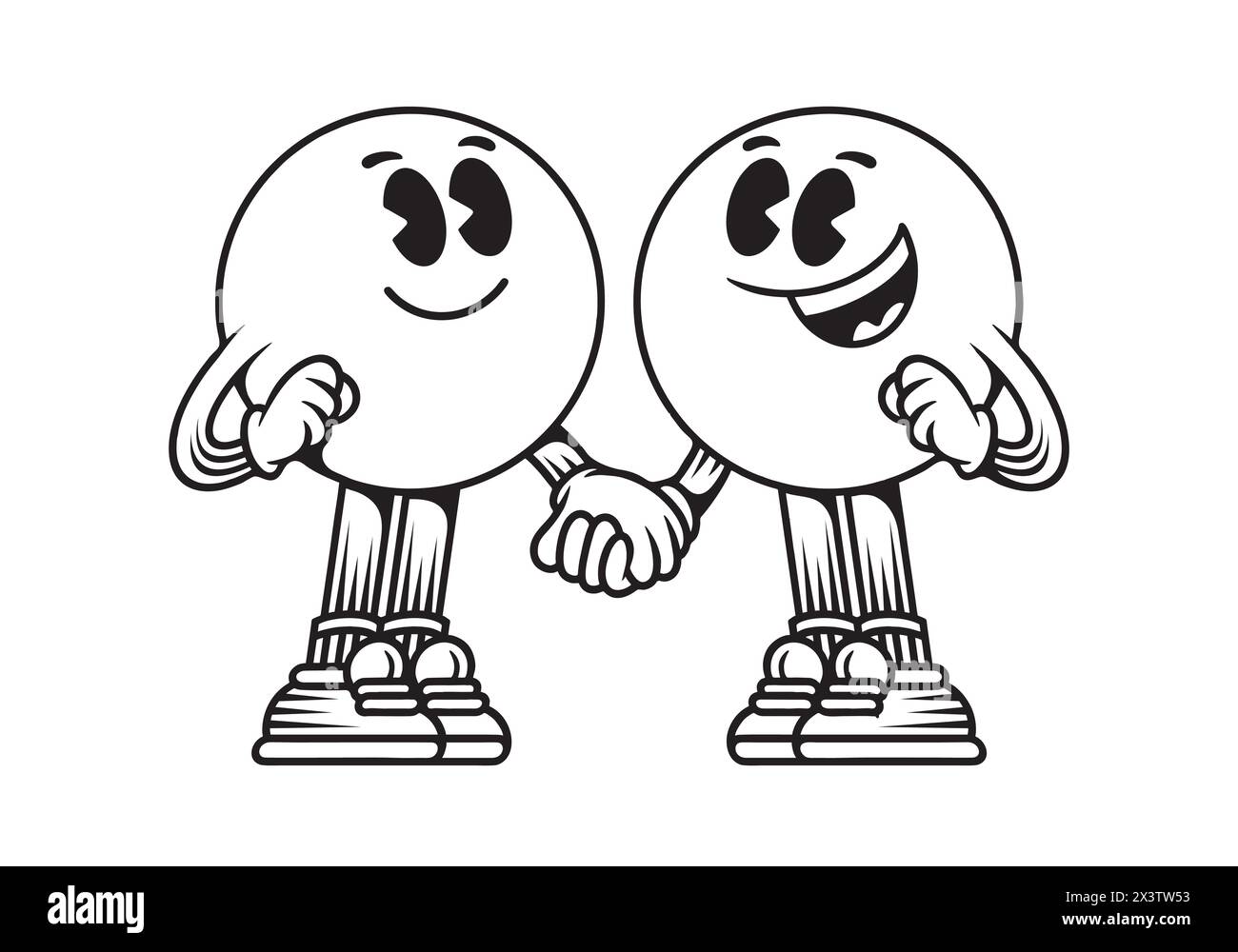 Mascotte line art personaggio di due teste a sfera, in posa con la mano Illustrazione Vettoriale