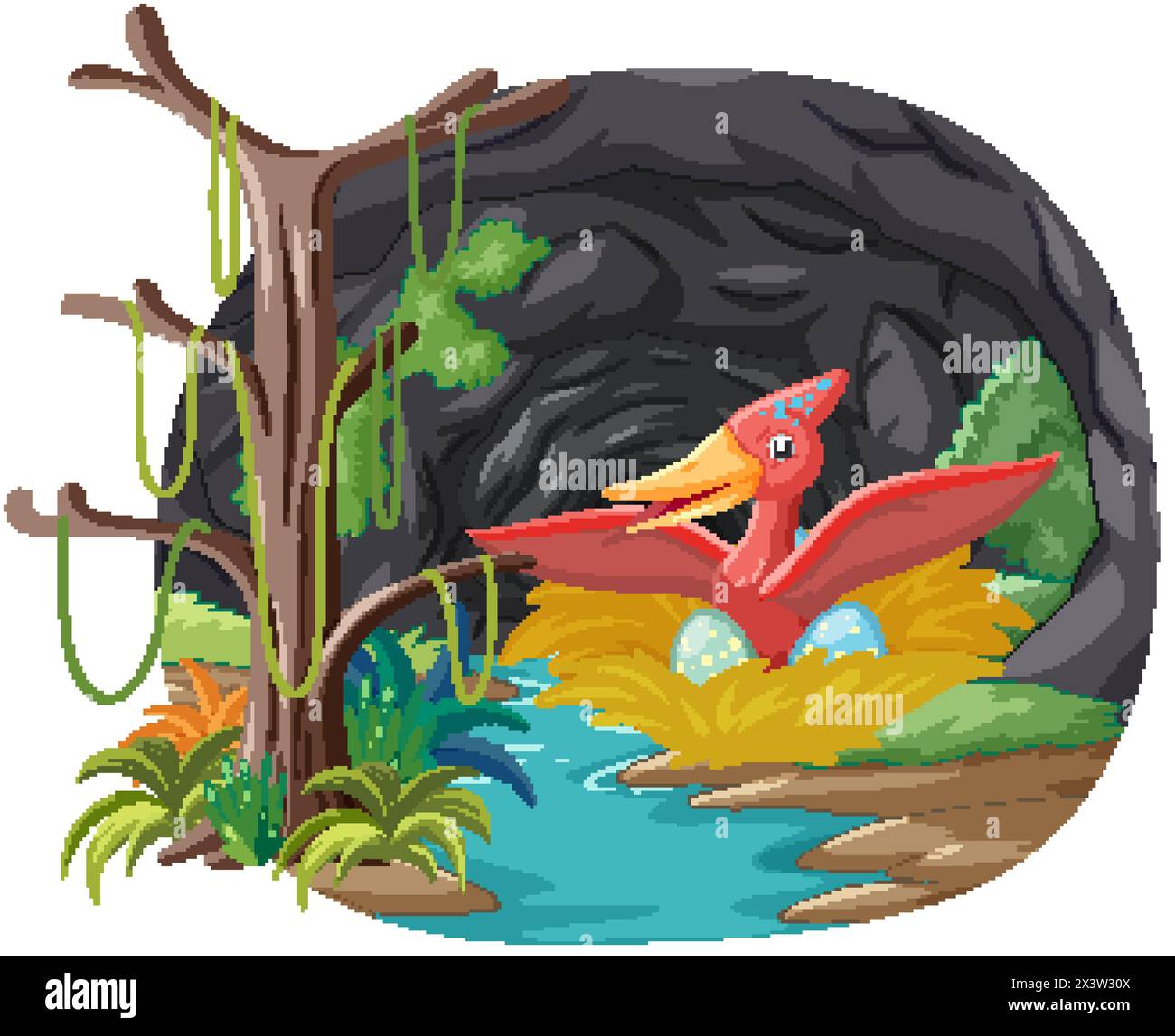 Pterodattilo colorato nel nido all'interno di una grotta scura Illustrazione Vettoriale