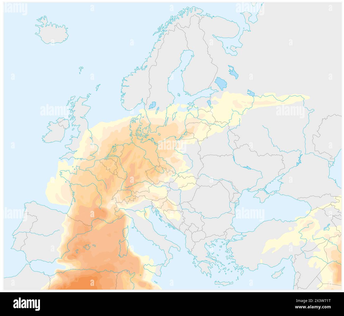 Mappa della diffusione dello strato d'aria sahariano dal Nord Africa in tutta Europa Foto Stock