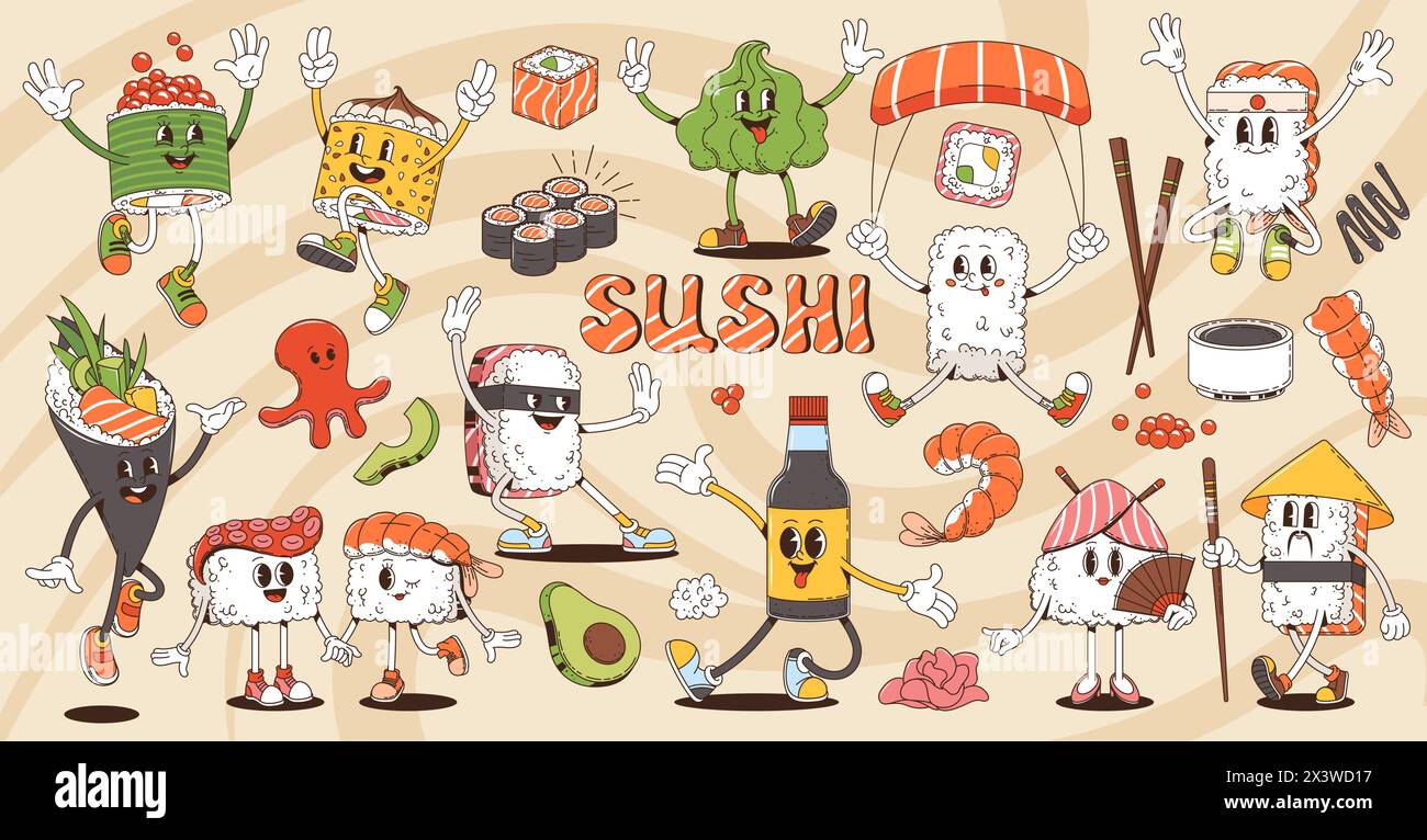 Cartoni animati, sushi e roll retrò, cucina giapponese. Personaggi psichedelici hippie vettoriali, con bandane colorate e cappelli asiatici. Wasa Illustrazione Vettoriale