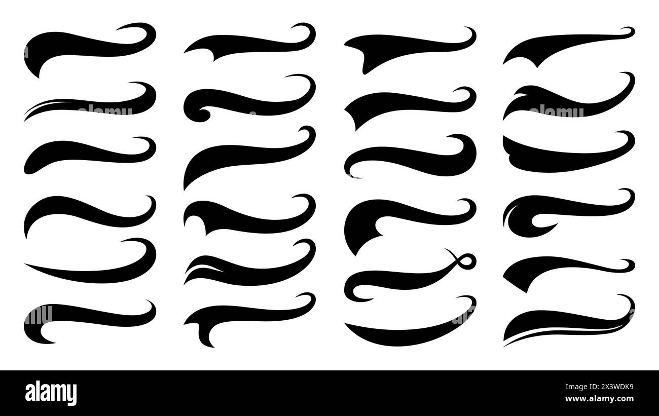 Code di Swoosh da baseball, linee vettoriali nere isolate, sottolineature testuali. Le forme a brugola sportive sono in stile retrò. Colpi di turbolenza, elementi tipografici volanti per l'atletica leggera e decorazioni da baseball Illustrazione Vettoriale