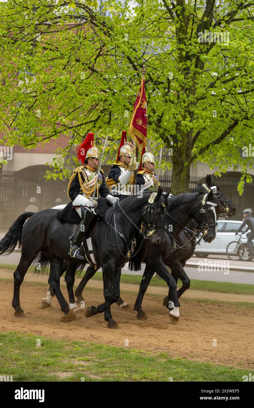 Lo Standard (Flag) of the Blues and Royals trasportato al trotto durante l'ispezione annuale del maggiore generale del Household Cavalry Mounted Regiment, che è il test finale per l'unità cerimoniale più spettacolare e impegnativa dell'esercito britannico. E' un test che devono superare per partecipare alle prossime funzioni cerimoniali di Stato. Circa 170 cavalli e personale del Household Cavalry Mounted Regiment lasciano la caserma di Knightsbridge e si dirigono verso l'area "Football Pitch" di Hyde Park per formare e essere ispezionati dall'ufficiale generale che comanda la divisione Household. Sono accompagnati da Foto Stock