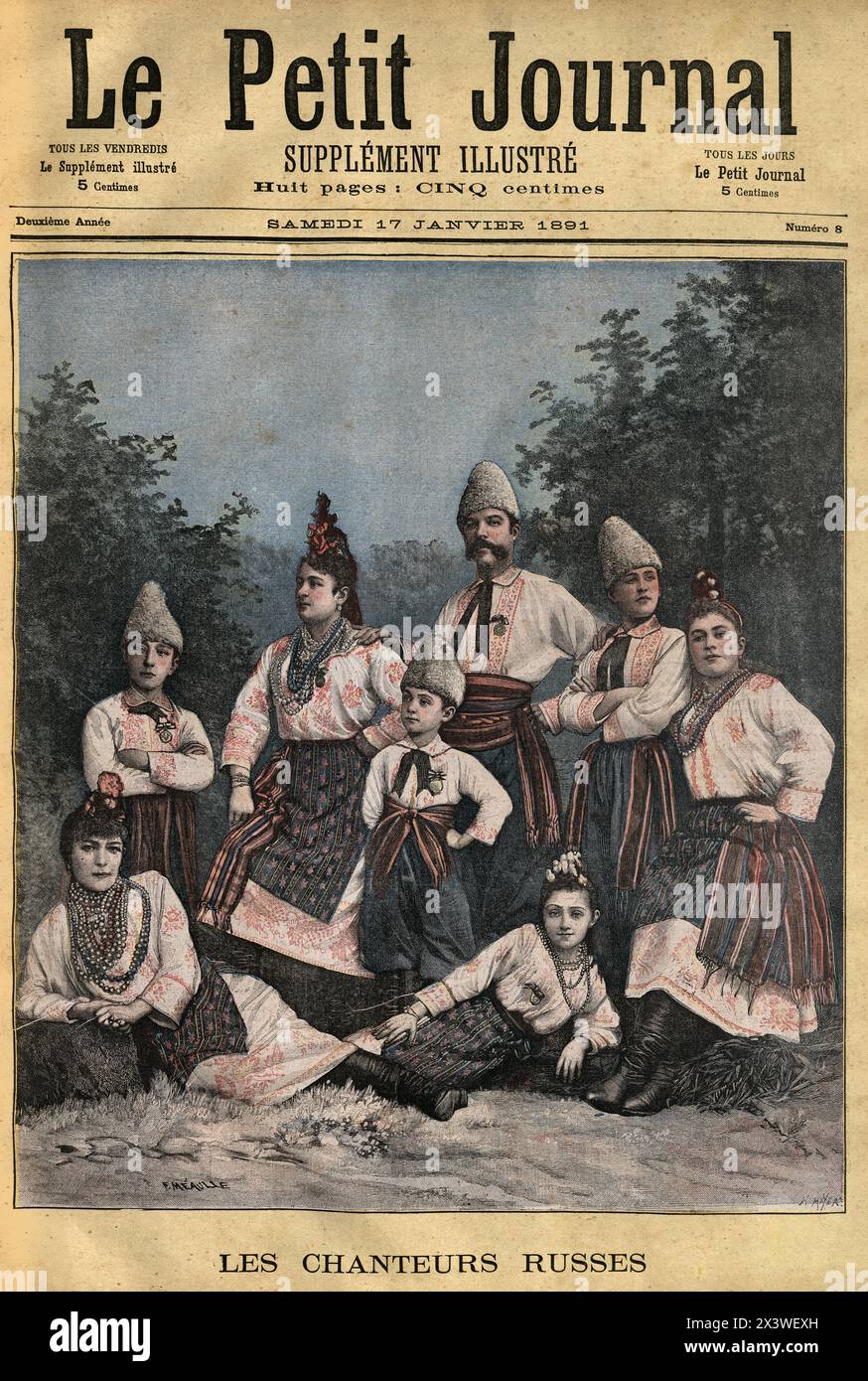 Illustrazione d'epoca cantanti russi, Les Chanteurs Russes, in costume tradizionale, anni '1890, XIX secolo Foto Stock