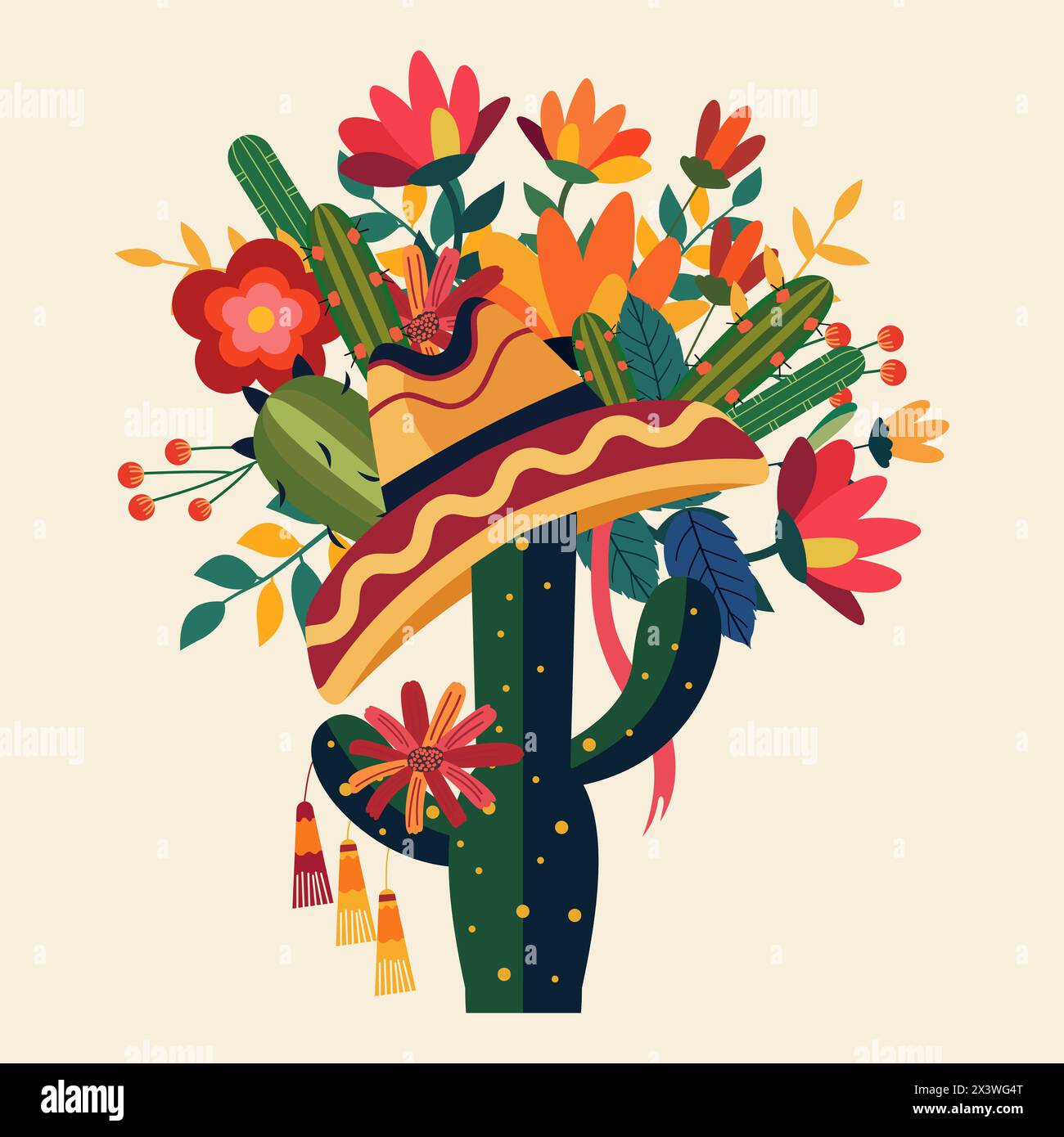 Cinco De Mayo Celebration in Messico con piante di cactus e decorazioni floreali Illustrazione Vettoriale