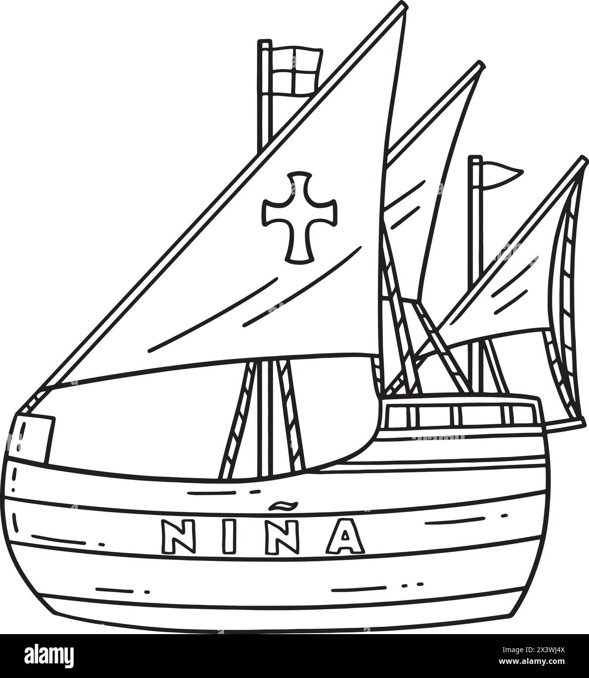 Columbus Day Nina Ship Isolated Coloring Page Illustrazione Vettoriale