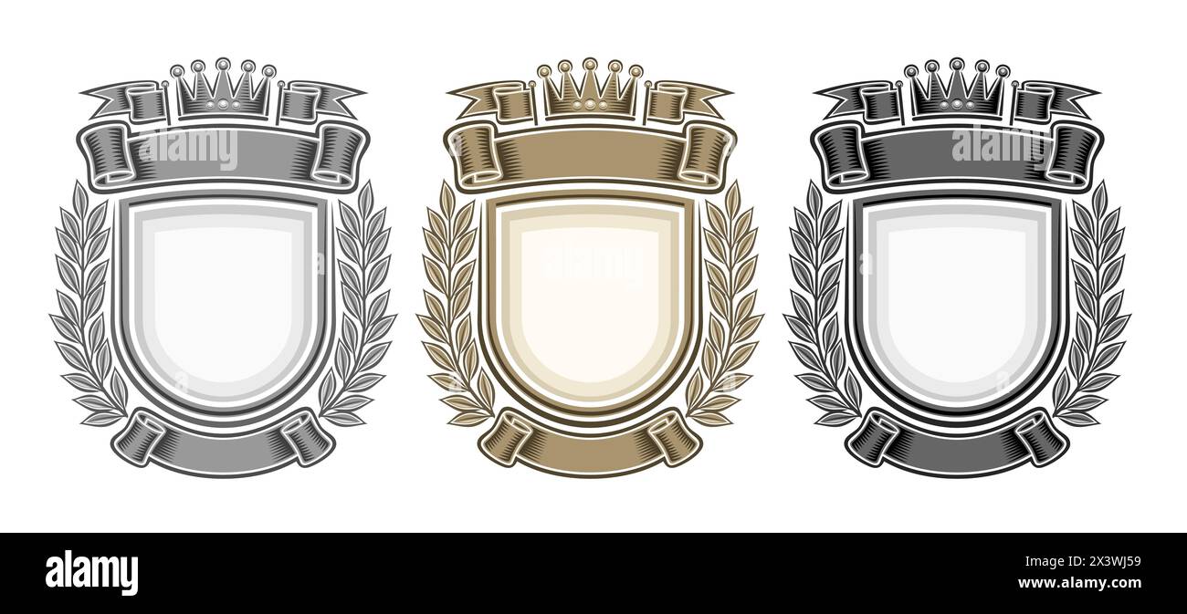 Vector Royal Crests Set, collezione di 3 illustrazioni isolate layout a cresta araldica con spazio di copia, gruppo di vari cartelli decorativi retrò Illustrazione Vettoriale