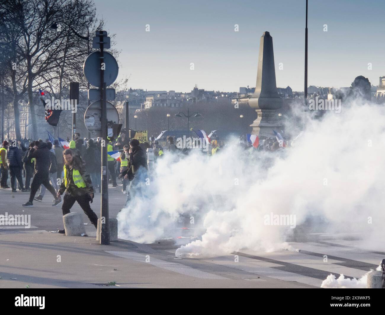 Parigi. 16 febbraio 2019. Manifestazione dei gilet gialli contro la politica del governo Macron. Atto 14. Gas lacrimogeni Esplanade des Invalides Foto Stock