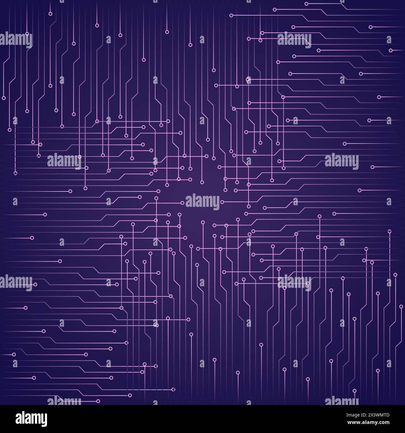 Sfondo viola tecnologico astratto con elementi del microchip. Struttura dello sfondo del circuito stampato. Illustrazione vettoriale. Illustrazione Vettoriale