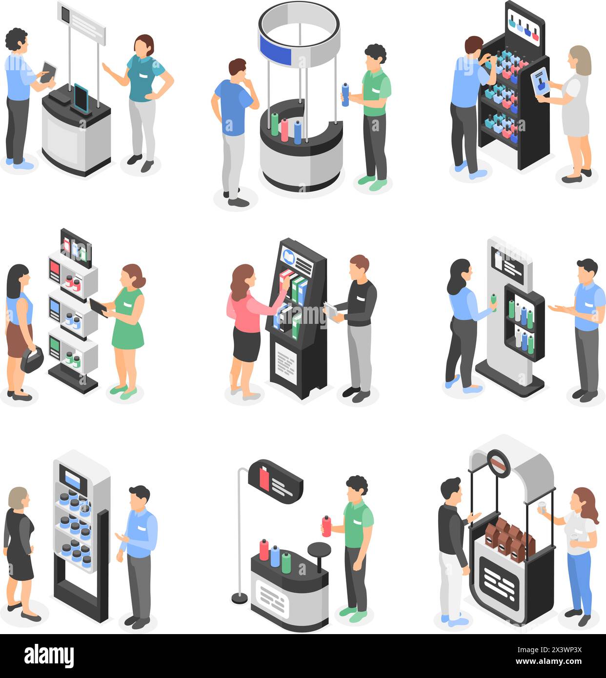 Stand promozionale per la fiera Isometric. I promotori e i visitatori si trovano vicino alle bancarelle. Gli addetti al marketing hanno dimostrato e promosso diversi vettori di merci senza difetti Illustrazione Vettoriale
