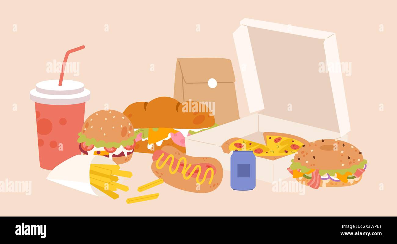 Concetto di fast food. Bevande, pizza nella scatola e hamburger. Hot dog cartoni animati, patate e sandwich. Pranzi o cene, elementi vettoriali Illustrazione Vettoriale