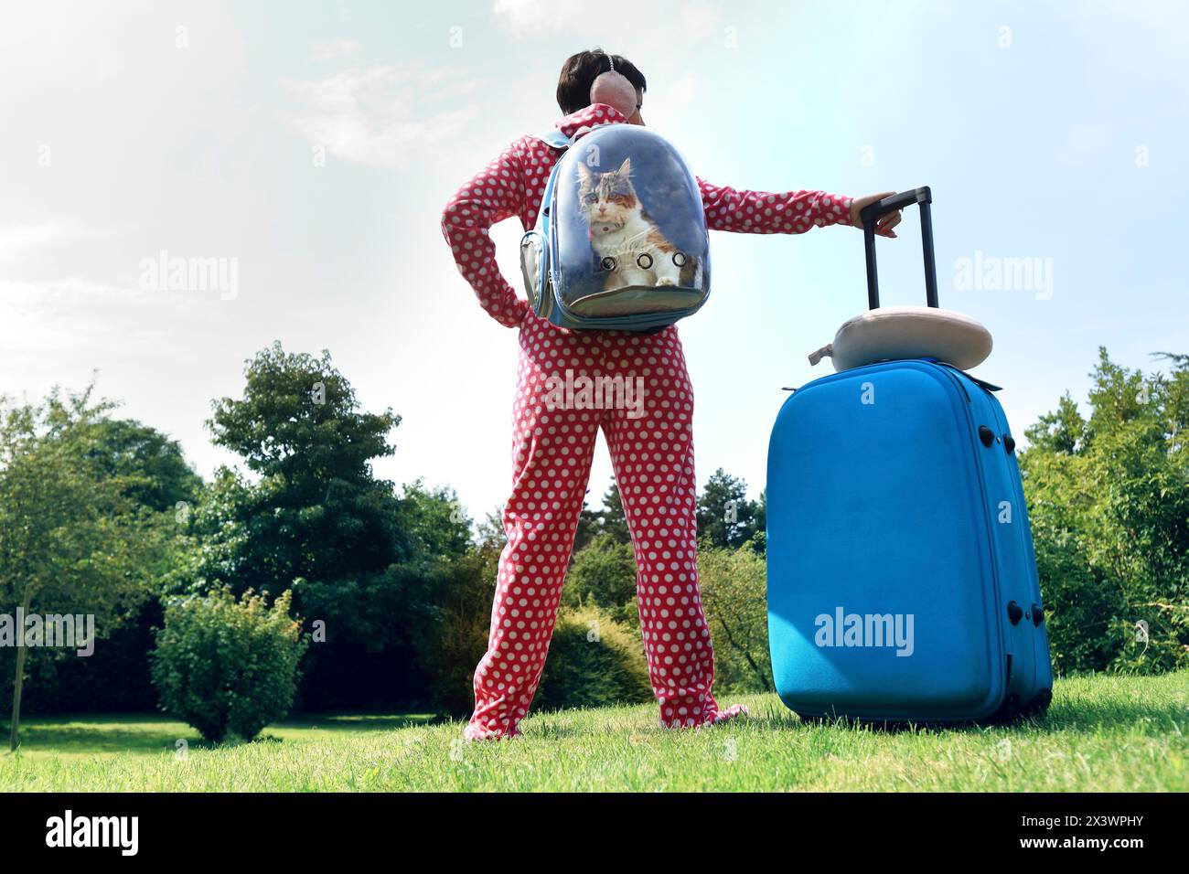 Donna che va in viaggio con un gatto. Foto Stock