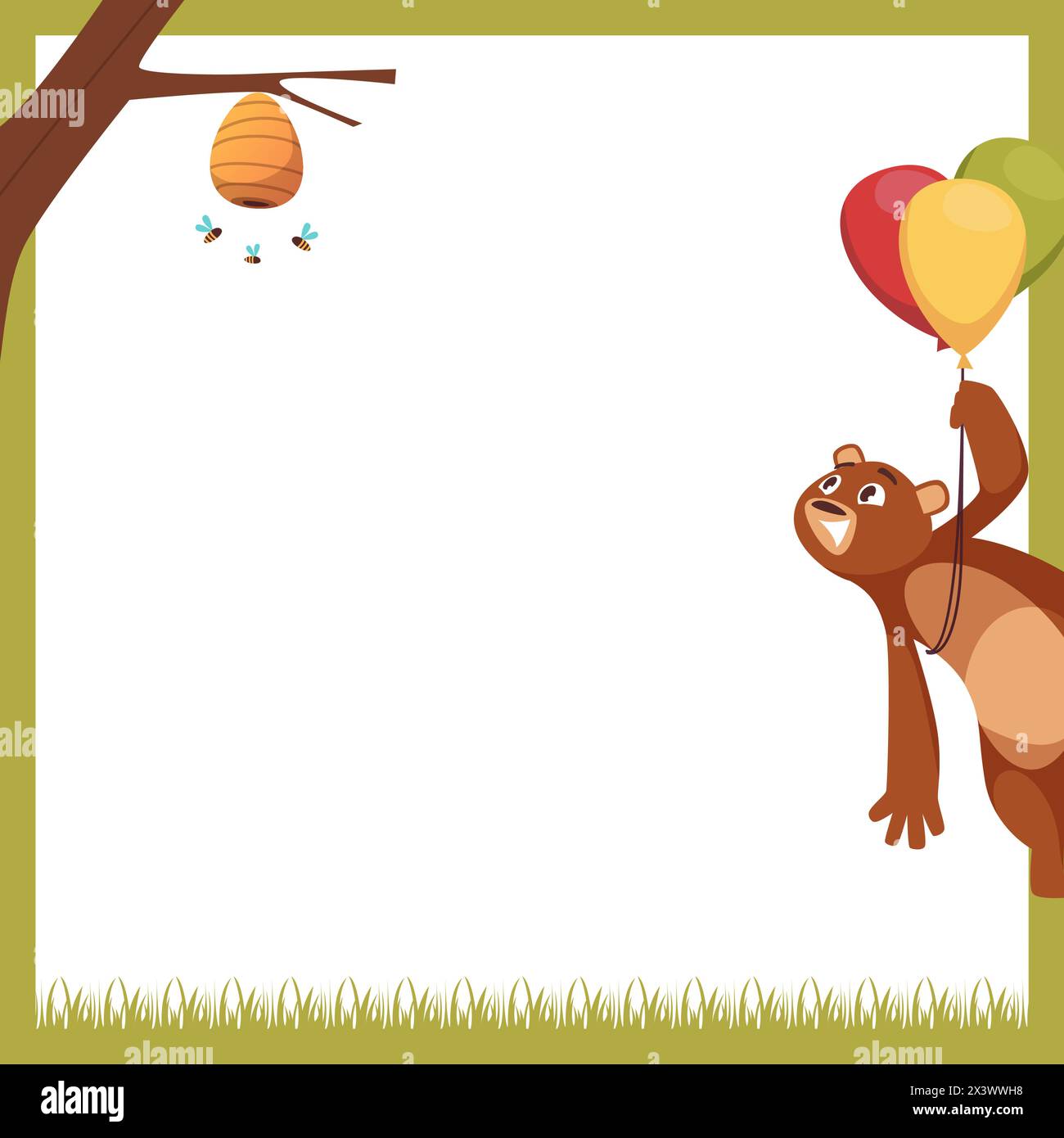 Orso su palloncini che volano orso affamato vuole un design a forma di cartoni animati vuoto con spazio per il testo Illustrazione Vettoriale