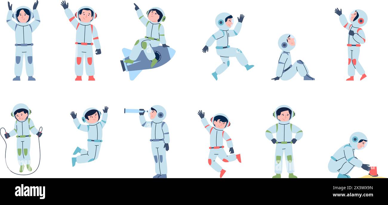 Astronauti bambini. I bambini indossano tute spaziali e caschi. Piccoli simpatici esploratori spaziali, che volano su razzo, che sognano e galleggiano in aria, recente serie di vettori Illustrazione Vettoriale