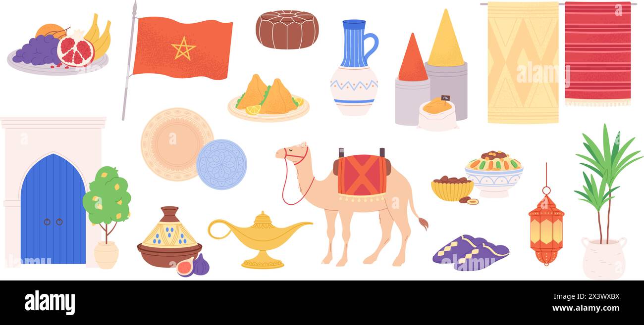 Oggetti marocchini piatti. Prodotti del mercato orientale, tappeti e stoviglie, spezie e cibo. Accessori in stile arabo, pantofole, mobili, clipart vettoriale Illustrazione Vettoriale
