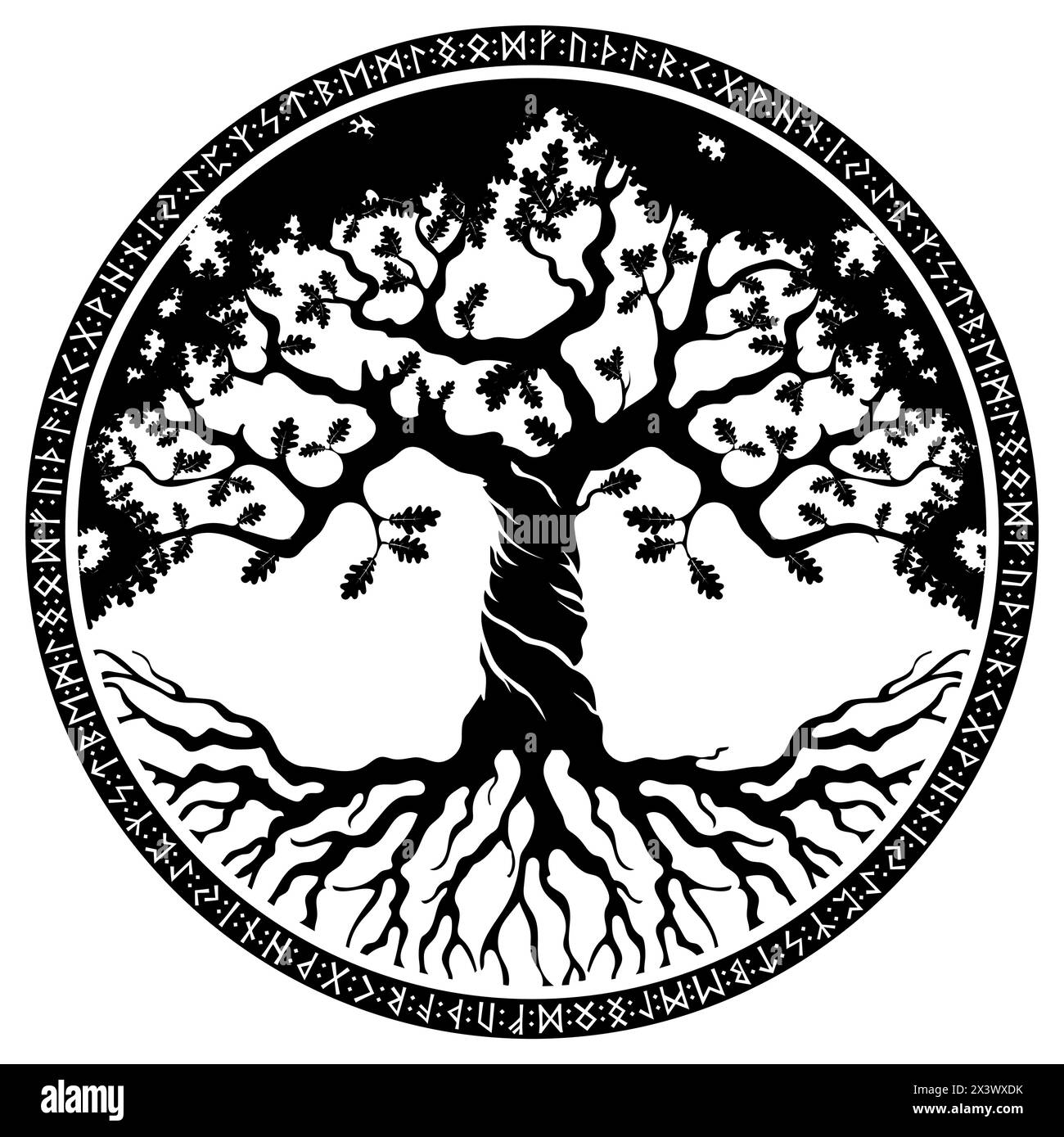 Design scandinavo vichingo. Albero, quercia possente, disegnato in stile retrò vintage Illustrazione Vettoriale