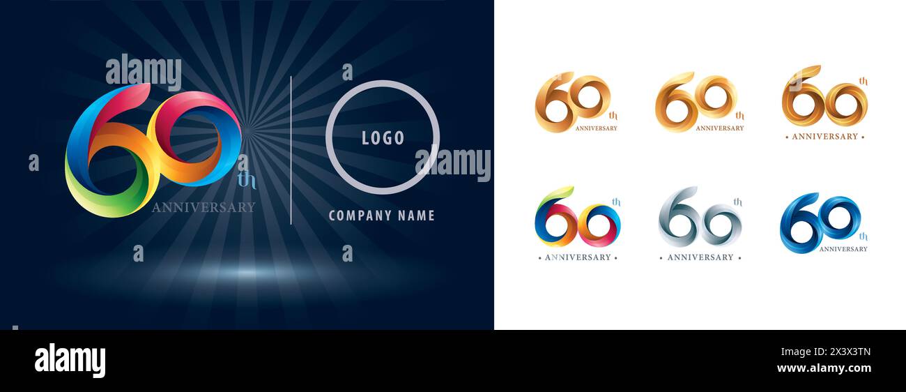 Set di logotipo 60th Anniversary, Logo per l'anniversario dei sessant'anni argento e oro, lettere con numeri stilizzate Origami, nastri Twist lo Illustrazione Vettoriale
