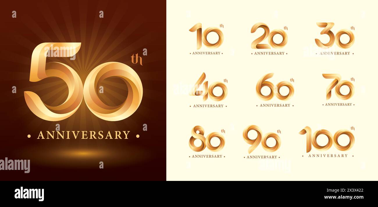 Set di logotipo dal 10 al 100° anniversario, logo Twist Ribbons, lettere numeriche stilizzate Origami, logo anniversario per eventi celebrativi, invito Illustrazione Vettoriale